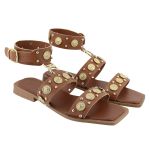Rasteira Aura Sandália Boho Enfeites Metal Caramelo