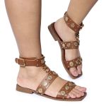 Rasteira Aura Sandália Boho Enfeites Metal Caramelo