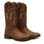 Bota Feminina Texana Cano Longo Couro Rústico Caramelo Gliter Preto Bordado á Laser