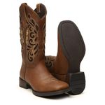 Bota Feminina Texana Cano Longo Couro Rústico Caramelo Gliter Preto Bordado á Laser