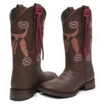 Bota Feminina Texana Cano Longo Solado Pré-Frezado Couro Fóssil Tabaco Rosa