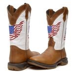 BOTA MASCULINA TEXANA COURO RÚSTICO CARAMELO - BRANCO BORDADO USA