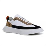 Tênis Masculino Couro Tricolor Branco Preto e Taupe