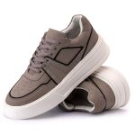 Sneaker Mascullino Couro Cinza com Recortes Preto