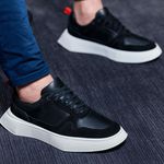 Tênis Masculino Couro Preto Recortes Nobuck Preto