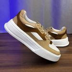 Tênis Masculino Couro Tricolor Branco Bege Marrom