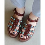 SANDÁLIA FLATFORM LARA COURO MARROM E TURQUESA