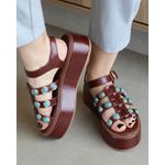 SANDÁLIA FLATFORM LARA COURO MARROM E TURQUESA
