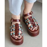 SANDÁLIA FLATFORM LARA COURO MARROM E TURQUESA