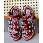 SANDÁLIA FLATFORM LARA COURO MARROM E TURQUESA