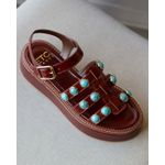 SANDÁLIA FLATFORM LARA COURO MARROM E TURQUESA