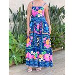 Vestido Midi Moana Estampado Azul Marinho E Rosa
