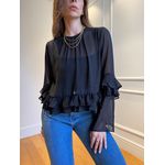 Blusa Ester manga longa com babado e transparência - Preto