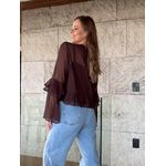 Blusa Ester manga longa com babado e transparência - Marrom