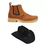 KIT Vaqueiro Botina Em Couro + Chapéu