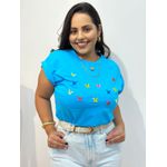 T-Shirt Borboleta Bordada Azul