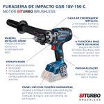 PARAFUSADEIRA/FURADEIRA DE IMPACTO 18V (GSB 18V - 150C) BITURBO SEM BATERIA E SEM CARREGADOR - BOSCH