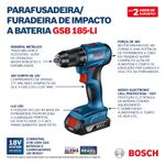 PARAFUSADEIRA/FURADEIRA DE IMPACTO 18V SEM ESCOVA (GSB185-LI) 1 BATERIA COM MALETA + 23AC. BV - BOSCH