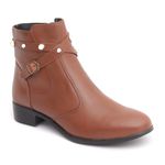 Bota Feminina em Couro Cano Curto Tiras Detalhe Botão Caramelo