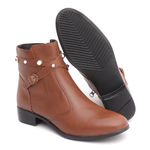 Bota Feminina em Couro Cano Curto Tiras Detalhe Botão Caramelo