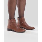 Bota Feminina em Couro Cano Curto Tiras Detalhe Botão Caramelo