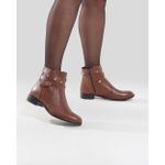 Bota Feminina em Couro Cano Curto Tiras Detalhe Botão Caramelo