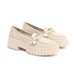 Mocassim Feminino em Couro Off White Com Fivela 1