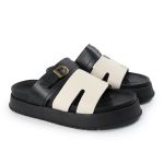Papete Feminina Elisa Fivela Detalhe em H Sola Alta Preto e Off