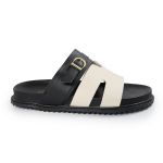 Papete Feminina Elisa Fivela Detalhe em H Sola Baixa Off White e Preto