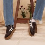 Tênis Liz em Couro e Camurça Café com Branco