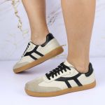 Tênis Lia em Couro e Camurça Off com Preto