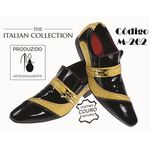Sapato Masculino Italiano Em Couro Preto Verniz Com Amarelo Jacaré