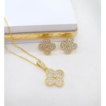 Conjunto Trevo Zircônias Banhado a Ouro 