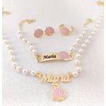 Conjunto Infantil Personalizado Colar, Brinco, Pulseira e Anel Concha Banhado a Ouro