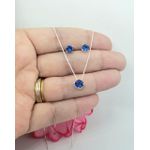 Conjunto Brinco e Gargantilha Ponto De Luz Redondo Em Prata 925 Azul Escuro
