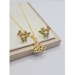Conjunto Três Borboletas Brinco e Colar Banhado a Ouro Com Zircônias Coloridas