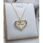 Colar Coração Com Zircônias e Coração Personalizado Banhado a Ouro