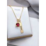 Colar Plaquinha Personalizada Banhada a Ouro Com Pingente De Ponto De Luz Rosa Fucsia