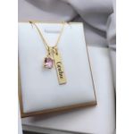 Colar Plaquinha Personalizada Banhada a Ouro Com Pingente De Ponto De Luz Rosa Claro