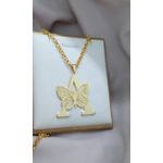 Colar Inicial Com Detalhe De Borboleta Banhado a Ouro Na Corrente De Elo Portugues 3mm