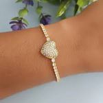 Pulseira Riviera Com Coração Cravejado em Zircônias Banhada a Ouro