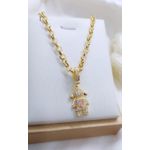 Corrente Elo Portugues De 5mm e Pingente De Menina Cravejado Banhado a Ouro