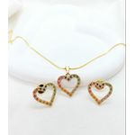 Conjunto Coração Brinco e Colar Banhado a Ouro Com Zircônias Coloridas
