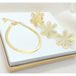Kit de Brinco, Anel Ajustável e Pulseira Fita Banhados a Ouro 