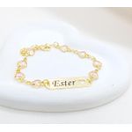 Pulseira Personalizada Infantil Banhada a Ouro Com Corações Rosa 