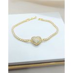 Pulseira Riviera Com Coração Cravejado em Zircônias Banhada a Ouro