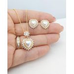 Conjunto Colar e Brinco Zircônias e Pérola Coração Banhado a Ouro