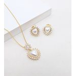Conjunto Colar e Brinco Zircônias e Pérola Coração Banhado a Ouro