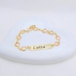 Pulseira Personalizada Infantil Banhada a Ouro Com Corações Rosa 