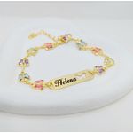 Pulseira Personalizada Infantil Chapinha e Borboletas Coloridas Banhada a Ouro